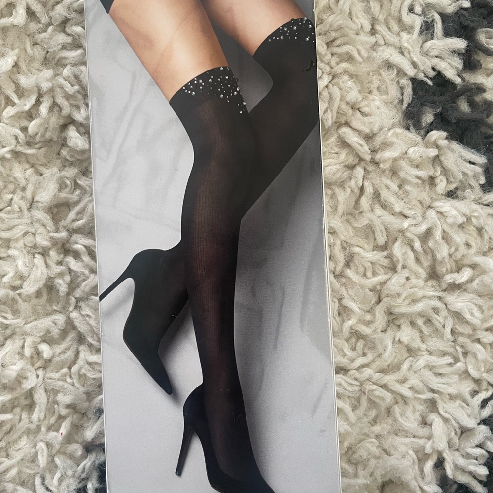 Elegant Black Thigh-High Stockings with Rhinestone Detail